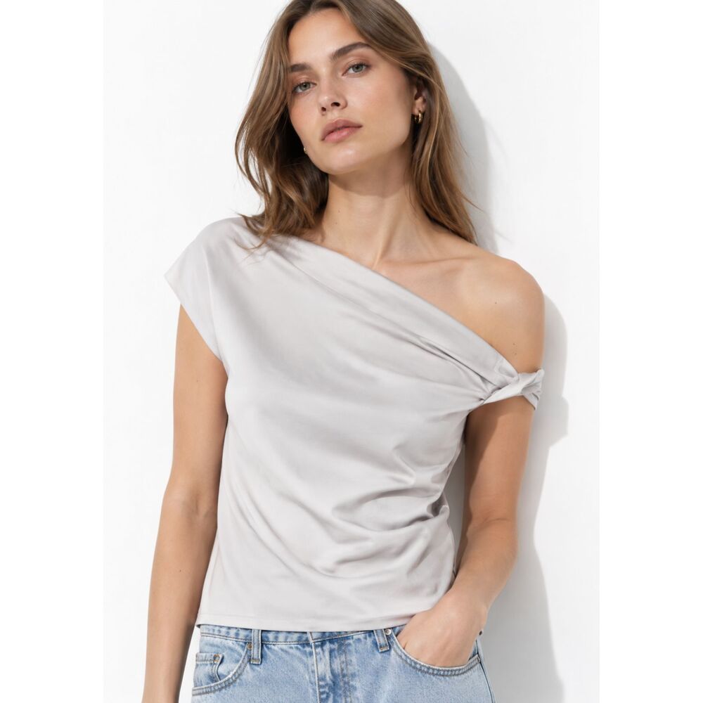 Anthropologie WAYF NEW Blush Satin Drape Neck Top One Shoulder Blouse Glam M